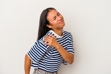 Young latin woman isolated on white background  having a shoulder pain.