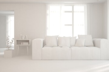 White minimalist living room with sofa. Scandinavian interior design. 3D illustration