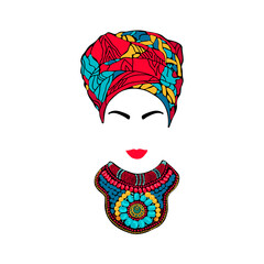 Illustration of the traditional headdress and necklace of an African woman.