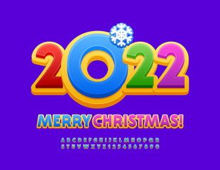 Vector colorful Greeting Card Merry Christmas 2022! Childish modern Font. Bright Alphabet Letters and Numbers set