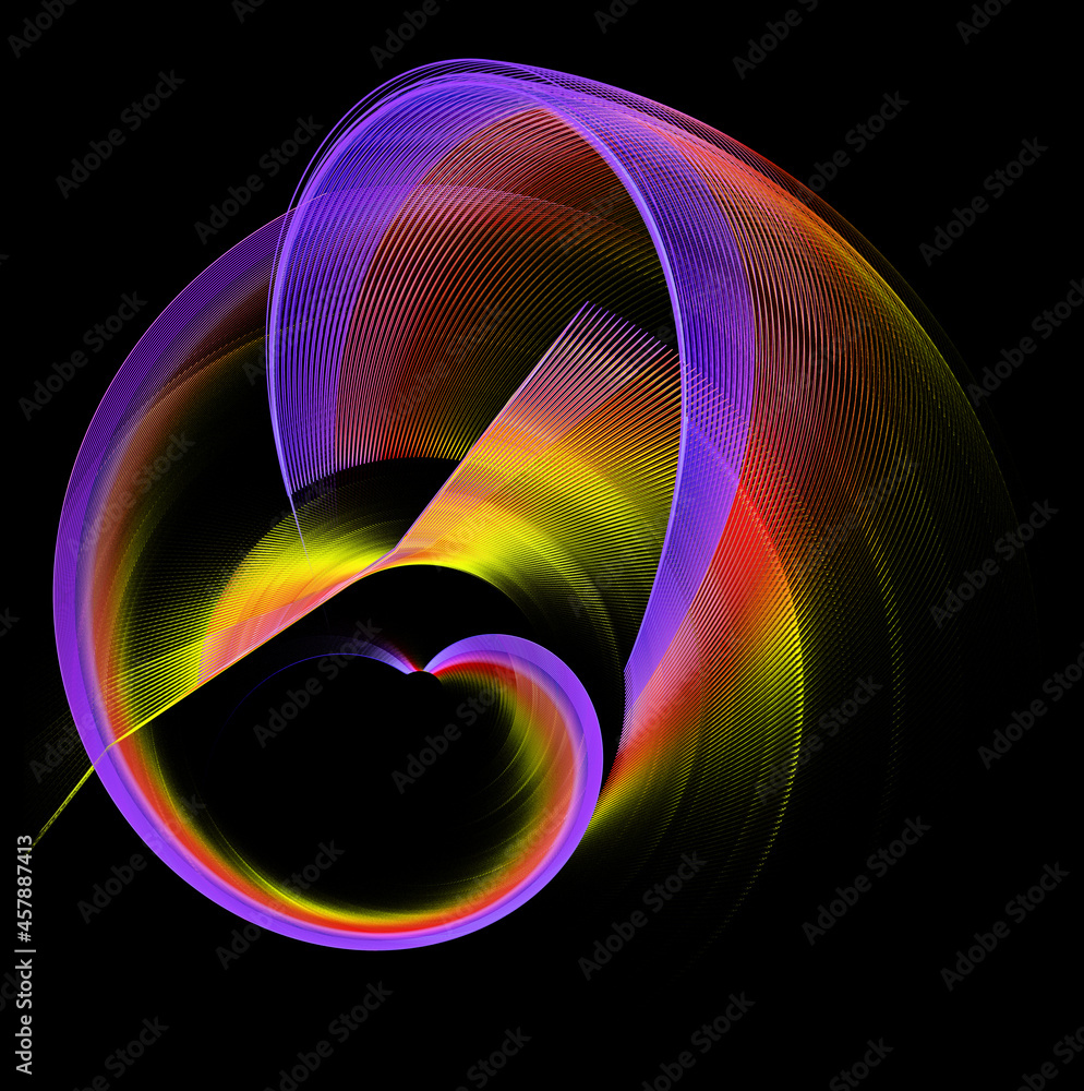 Poster curved striped colorful elements form a frame in the form of a heart on a black background. graphic 