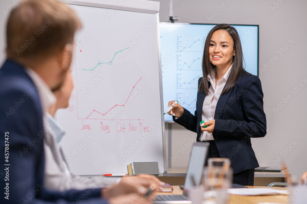Poster happy young speaker standing by whiteboard with graph in front of audience