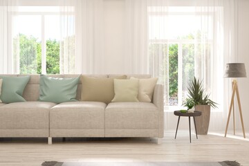 White living room with sofa and summer landscape in window. Scandinavian interior design. 3D illustration