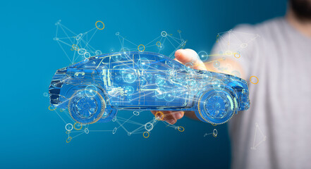 Electric car icon from lines, triangles and particle style