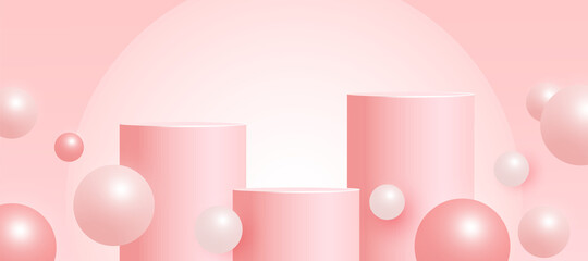 Empty pink podium, pedestal or platform with volumetric bubble shapes on a pink background. Minimal scene with geometrical forms for product presentation. Vector illustration