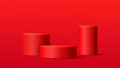 Red podium shelf or empty pedestal display on xmas background with minimal style. Minimal scene with geometrical forms for product presentation. Vector illustration