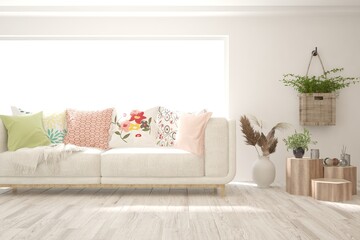 Soft color living room with sofa. Scandinavian interior design. 3D illustration