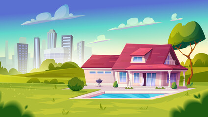 Suburban house, residential cottage, real estate countryside building exterior.Two storey dwelling place with pool, lawn