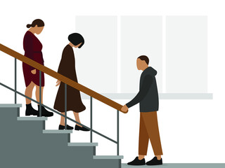 Two female characters with their heads bowed descend the stairs while a male character stands and waits