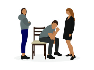 Obraz premium A male character is sitting on a chair and two female characters are standing next to him on a white background