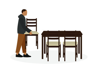 Male character with a chair in his hands stands near a table and chairs on a white background