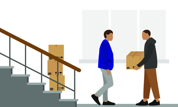Two male characters with cardboard boxes stand near the stairs against the background of a wall with a window