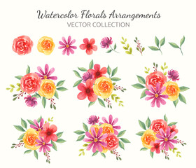 Fototapeta na wymiar Spring watercolor floral arrangements collection 