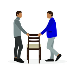 Two male characters holding one chair on a white background