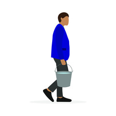 Male character with full bucket of water in hand on white background