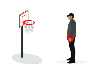 Male character with basketball in hand stands in front of basketball rack on white background