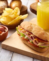 Sánduche de jamón, peperoni, salami y mortadela con queso cheddar y mozzarella en pan de maíz tipo baguette con jugo, papas fritas y encurtido acercamiento.