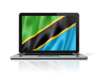 Tanzania flag on laptop screen isolated on white. 3D illustration