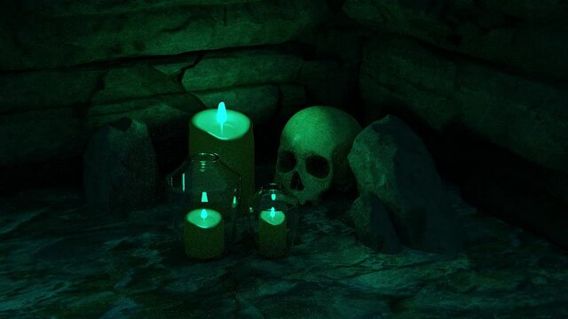 Abstract Halloween background composition with a skull and candles. Design. Cartoon creepy human skull and burning candles, concept of black magic and mysticism.