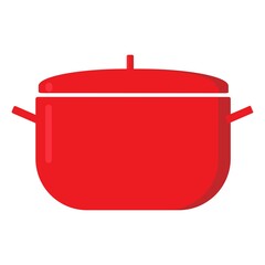 Red saucepan with handles and lid.