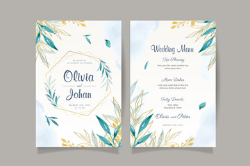 Elegant wedding invitation card with watercolor leaves and gold