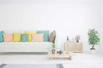 White living room with sofa. Scandinavian interior design. 3D illustration