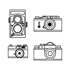 Vector retro cameras icons. Flat illustration of film retro cameras set isolated on white background. Icon vector illustration sign symbol.