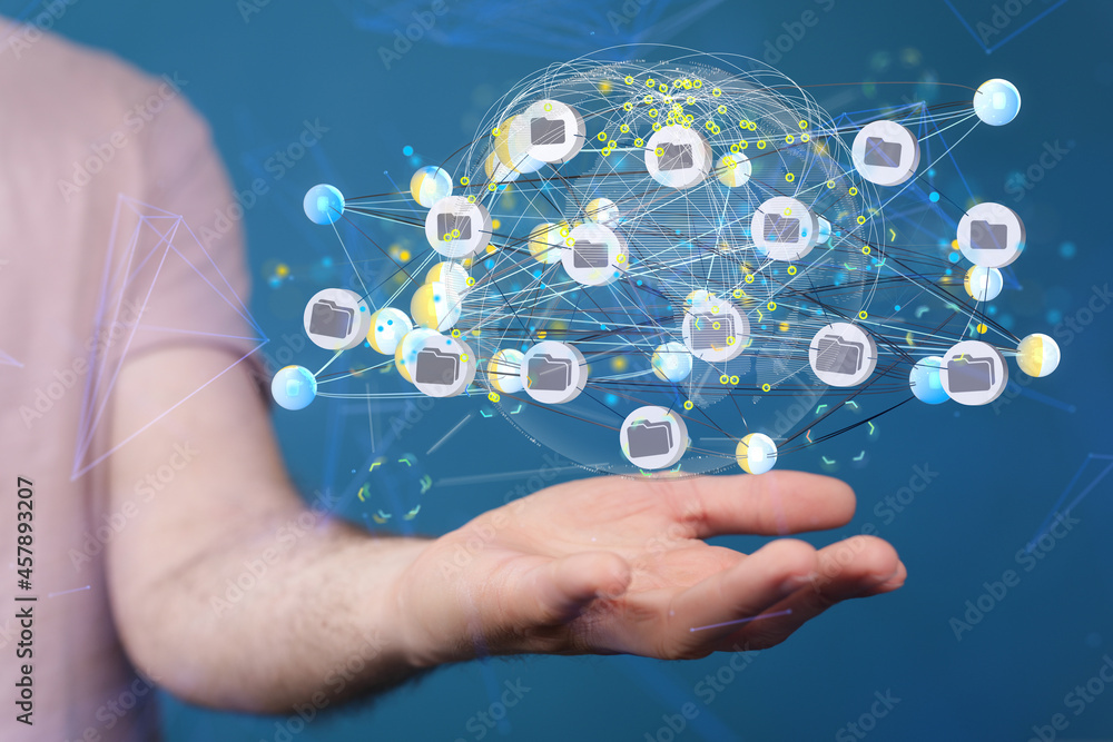 Fototapete Augmented Analytics Data cloud storage network from lines, triangles and particle style design. Illustration