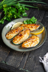 mussels baked cream cheese sauce seafood meal snack on the table copy space food background rustic top view vegetarian food pescetarian diet