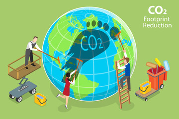 3D Isometric Flat Vector Conceptual Illustration of CO2 Footprint Reduction, Alternative Energy Usage to Reduce Environment Danger