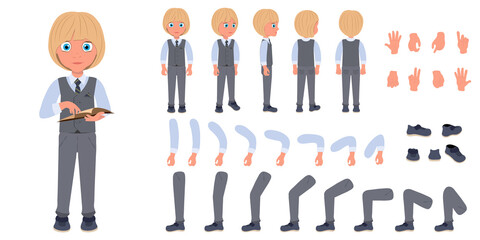 Flat Vector Illustration of Schoolboy Wearing School Uniform and Holding a Book, Cartoon Character Set For Animation, Various Views, Poses and Gestures