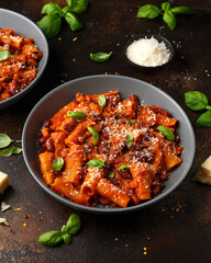 Traditional Italian Pasta e fagioli with bean, tomato and parmesan cheese