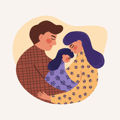 Happy smiling young family flat vector illustration in trendy colors. Mother, father and daughter hugging and feel happy. Stable family, parents and girl embracing together. Cute characters