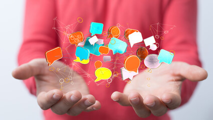 touching 3D rendering flying email icon with his fin