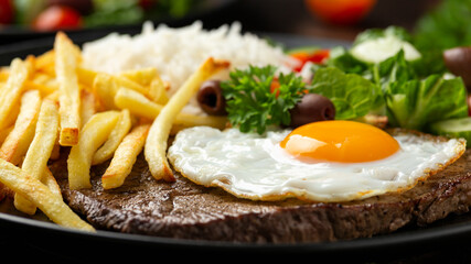 Portugal dish Bitoque made from beef steak with a fried egg, rice, french fries and vegetables