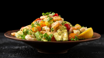 Prawn avocado salad with tomato cherry and herbs. Healthy food