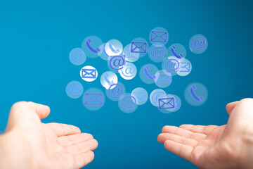 touching 3D rendering flying email icon with his fin