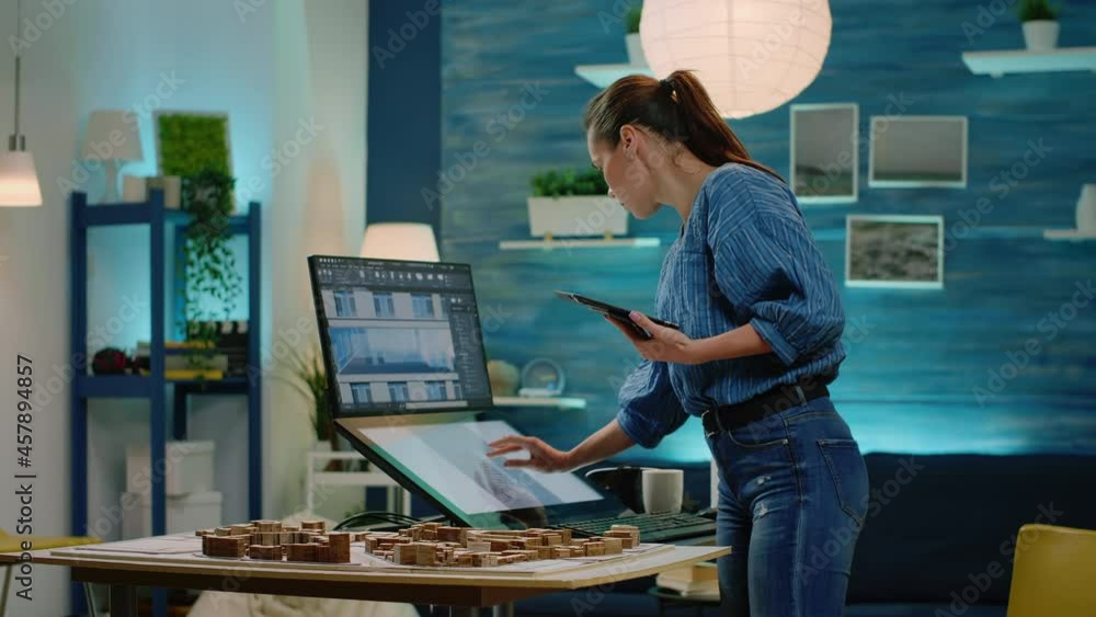 Poster architect looking at tablet and computer for construction layout in office. woman engineer working w