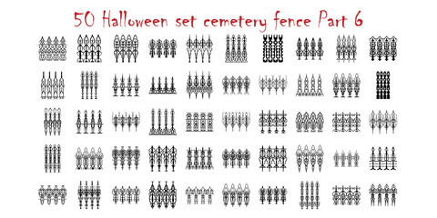 Assorted spooky cemetery gate silhouettes - vector. Assets isolated on a white background. Scary, haunted and creepy fence elements
