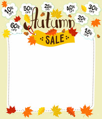 Autumn sale template. Logo with autumn leaves, yellow price tag and discount clouds. Vector illustration for banners, flyers, advertising campaigns. Advertising proposal form. White frame for text