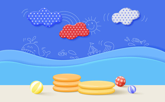 3d render podium with sea concept for kids or baby product.