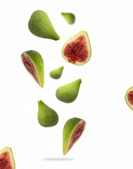 Whole and sliced ripe green figs in the air on a white background
