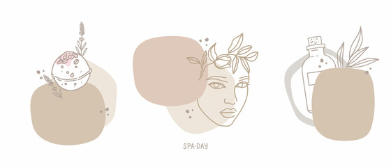 Vector illustrations set. Background for text. Template design, frame. Abstract shape, pastel colors. Hand-drawn outline elements. Skincare, home spa. Bath bomb, salt, woman face. Handmade cosmetics.