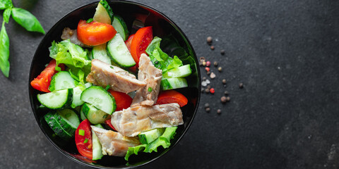 salad chicken breast meat vegetable tomato, cucumber, lettuce diet food meal snack on the table copy space food background keto or paleo diet veggie