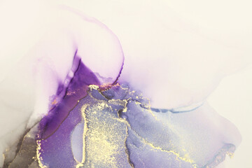 Art Abstract watercolor flow blot painting. Violet and Gold Color canvas marble texture background. Alcohol ink.