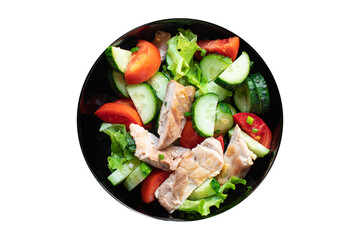 salad chicken breast meat vegetable tomato, cucumber, lettuce diet food meal snack on the table copy space food background keto or paleo diet veggie