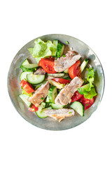 salad chicken breast meat vegetable tomato, cucumber, lettuce diet food meal snack on the table copy space food background keto or paleo diet veggie