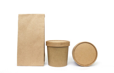 Eco friendly food containers isolated on white. Recycling concept. Delivery food background. 