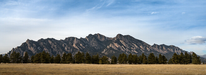 panorama of the flatirons in Boulder, Colorado