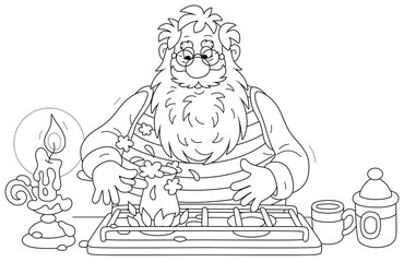 Santa Claus making coffee on an old burning stove in his kitchen on a cold winter evening, black and white outline vector cartoon illustration for a coloring book page